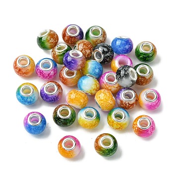 Two Tone Glass European Beads, Large Hole Beads, with Silver Tone Brass Double Cores, Rondelle, Mixed Color, 15x11mm, Hole: 5mm