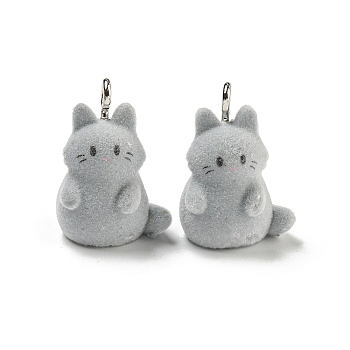 Flocky Acrylic Pendants, with Iron Findings, Light Grey, Platinum, Cat Shape, 23x17x12mm, Hole: 2.5mm