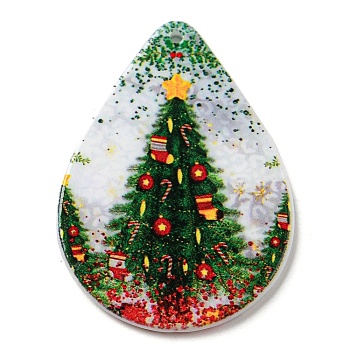 Christmas Theme Acrylic Pendants, Teardrop, Christmas Tree, 47.5x35x2.5mm, Hole: 1.8mm