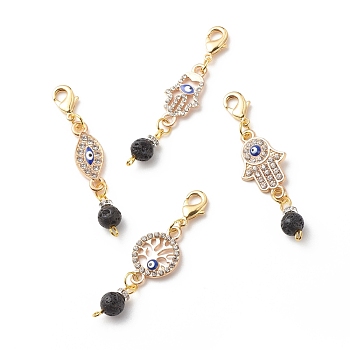 Alloy Rhinestone Evil Eye Pendant Decoration Findings, with Natural Lava Rock Beads, Lobster Clasp Charms, Clip-on Charms, Mixed Shapes, Light Gold, 52~55mm