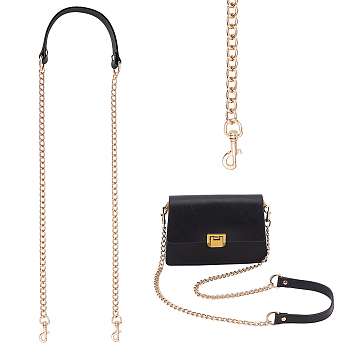 Zinc Alloy Curb Chain Crossbody Bag Straps, Leather Bag Chains, with Alloy Swivel Eye Bolt Snap Hooks, Black, 1180mm
