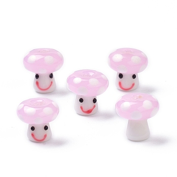 Handmade Lampwork Beads, Smiling Face Mushroom Beads, Pink, 13x13mm, Hole: 3mm