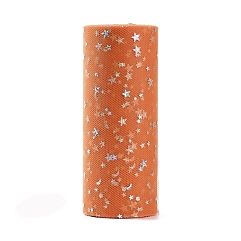 Glitter Sequin Deco Mesh Ribbons, Tulle Fabric, Tulle Roll Spool Fabric For Skirt Making, Moon & Star Pattern, Dark Orange, 6 inch(15cm), about 25yards/roll(22.86m/roll)