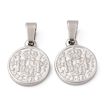 304 Stainless Steel Coin Pendants, Hispan Et Ind Rex Coin, Stainless Steel Color, 14x11x2mm, Hole: 5x7mm