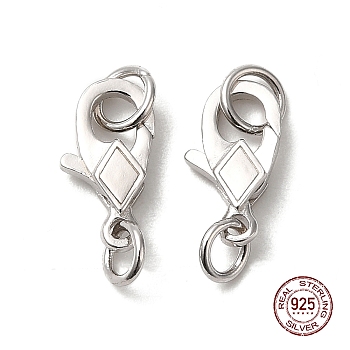 Rhodium Plated 925 Sterling Silver Lobster Claw Clasps with Jump Rings, Rhombus, Platinum, 11x6x2mm