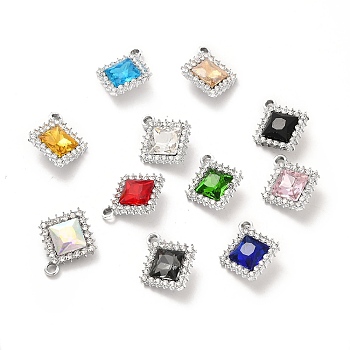 Alloy Glass Pendants, Crystal Rhinestone Rhombus Charm, Platinum, Mixed Color, 19.5x16.5x6mm, Hole: 2mm