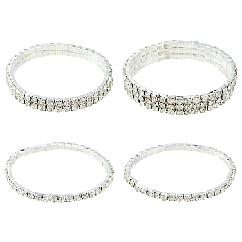 4Pcs 3 Style Brass Rhinestone Tennis Stretch Bracelet Sets for Girlfriend, Valentines Day Gifts Wedding Diamond Bracelets, Silver, Inner Diameter: 2 inch(5cm), 3.8~11mm, 1pc/style