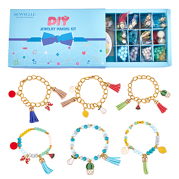 SUNNYCLUE 279Pieces DIY Fruit Themed Bracelets Kits, Including Alloy Enamel Pendants, Rondelle Glass Beads, Suede Tassels, Iron Twisted Chains, Elastic Crystal Thread and Claw Clasps, Mixed Color