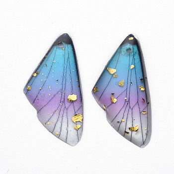 Transparent Resin Pendants, with Gold Foil, Insects Wing, Medium Turquoise, 24.5x11.5x2mm, Hole: 1mm