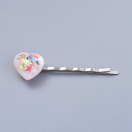 Iron Hair Bobby Pins, with Resin Cabochons and Paillette, Heart, Platinum, 55mm(PHAR-JH00056-01)