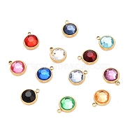 304 Stainless Steel Charms, with Acrylic Rhinestone, Birthstone Charms, Faceted, Flat Round, Golden, Mixed Color, 12x10x4.4mm, Hole: 1.3mm(STAS-I165-04A-G)