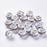 Handmade Bumpy Lampwork European Beads, Large Hole Beads, with Silver Color Plated Brass Double Cores, Rondelle with Flower, White, 14~15x14~15x11mm, Hole: 5mm(LAMP-S193-010A)