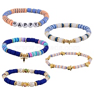 5Pcs 5 Style Handmade Polymer Clay Beads Stretch Bracelets Sets, with Brass Beads and Acrylic Enamel Beads, HAPPY, Mixed Color, Inner Diameter: 2-1/8~2-1/8 inch(5.3~5.5cm), 1pc/style(BJEW-SZ0001-77B)
