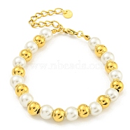 304 Stainless Steel & 201 Stainless Steel & Plastic Pearl Round Beaded Bracelets for Women, Golden, 7-3/8 inch(18.6cm)(BJEW-G717-01A-G)