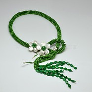Flower Glass Beaded Lariat Necklaces, with Pearl and Shell, Green, 31.4 inch(NJEW-P102-37B)