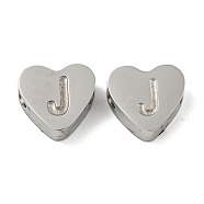 Tarnish Resistant 304 Stainless Steel Beads, Heart with Letter, Stainless Steel Color, Letter J, 7x8x3mm, Hole: 2mm(STAS-H219-16P-J)