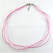 Jewelry Making Necklace Cord, Organza Ribbon & Waxed Cotton Cord & Platinum Plated Iron Clasp, Pearl Pink, 16.9 inch(43cm), 6mm(FIND-R001-6-NF)
