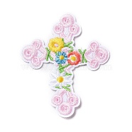 Computerized Embroidery Cloth Iron on/Sew on Patches, Costume Accessories, Cross with Flower, Pink, 66x55.5x1.5mm(DIY-H100-06)