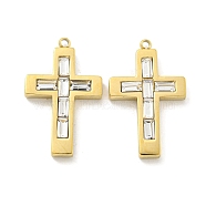 Vacuum Plating 304 Stainless Steel Cubic Zirconia Pendants, Cross Charms, Real 18K Gold Plated, 24.8x15x3mm, Hole: 1.2mm(STAS-L278-007G)