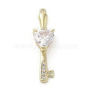 Brass Cubic Zirconia Pendents, with Glass, Long-Lasting Plated, Key with Heart, Golden, 34.5x9.5x6mm, Hole: 1.2mm(KK-M275-22G)