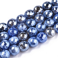 Electroplate Natural Agate Beads Strands, Dyed, Faceted, Pearl Luster Plated, Round, Cornflower Blue, 8.5x7~8mm, Hole: 1.2mm, about 47~48pcs/strand, 13.78 inch~13.98 inch(35cm~35.5cm)(G-T131-54G)