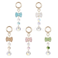 Glass Teardrop Pendants Decoration, with Bowknot Polymer Clay Rhinestones and lloy Swivel Clasps, Octagon Glass Bead, Mixed Color, 125mm(HJEW-JM01118)