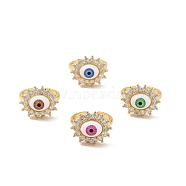 Cubic Zirconia Sun with Evil Eye Open Cuff Ring with Acrylic, Real 18K Gold Plated Brass Jewelry for Women, Cadmium Free & Lead Free, Mixed Color, US Size 6 1/2(16.9mm)(RJEW-B042-06G)