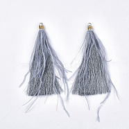 Nylon Tassel Big Pendant Decorations, with Ostrich Feather, Metallic Cords and Alloy Findings, Gray, 120~127x7~8mm, Hole: 5mm(FIND-T060-003B)