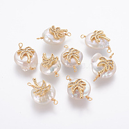 Natural Pearl Links connectors, with Brass Micro Pave Cubic Zirconia Findings, Nuggets with Coconut Tree, Golden, Clear, 21~27x13~16x6~8mm, Hole: 1.6mm(PEAR-F014-02G-C)
