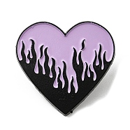 Heart with Fire Enamel Pin, Electrophoresis Black Alloy Brooch for Backpack Clothes, Lilac, 28.5x30x1.6mm(JEWB-B006-05F)