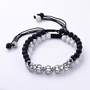 Natural Howlite and Black Agate Braided Bead Bracelets, with 304 Stainless Steel Rolo Chains and Nylon Thread, White & Black, 1-7/8 inch~3-3/8 inch(4.9~8.5cm), 2pcs/set(BJEW-JB04771)