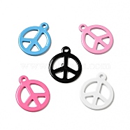 Spray Painted 201 Stainless Steel Pendants, Flat Round with Peace Sign Charm, Mixed Color, 15x12.5x1mm, Hole: 1.4mm(STAS-G304-04)