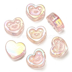 UV Plating Rainbow Iridescent Acrylic Beads, with Glitter Powder, Heart with Bear Pattern, Pink, 17.5x20x9mm, Hole: 3.5mm(OACR-G012-11D)