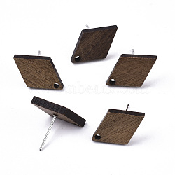 Walnut Wood Stud Earring Findings, with 304 Stainless Steel Pin, Rhombus, Coconut Brown, 18x12mm, Hole: 1.6mm, Pin: 0.7mm(MAK-N033-005)