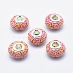 Handmade Polymer Clay European Beads, with Silver Color Plated Brass Cores, Large Hole Beads, Rondelle, Light Salmon, 13~16x8~11mm, Hole: 4.5~5mm(CLAY-K002-C19)