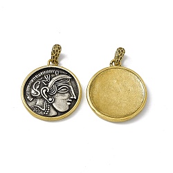 Rack Plating Brass Pendants, Cadmium Free & Lead Free & Nickle Free, Flat Round with Greece Coin Charm, Antique Silver & Antique Golden, 26x23x3mm, Hole: 4.5x3mm(KK-I696-01)
