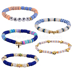 5Pcs 5 Style Handmade Polymer Clay Beads Stretch Bracelets Sets, with Brass Beads and Acrylic Enamel Beads, HAPPY, Mixed Color, Inner Diameter: 2-1/8~2-1/8 inch(5.3~5.5cm), 1pc/style(BJEW-SZ0001-77B)
