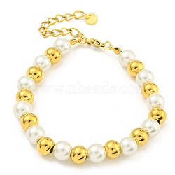 304 Stainless Steel & 201 Stainless Steel & Plastic Pearl Round Beaded Bracelets for Women, Golden, 7-3/8 inch(18.6cm)(BJEW-G717-01A-G)