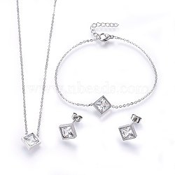 304 Stainless Steel Jewelry Sets, Pendant Necklaces & Stud Earrings & Bracelets, with Cubic Zirconia, Rhombus, Stainless Steel Color, 16.93 inch(43cm), 7-1/8 inch(18cm), 12x12x4mm, Pin: 0.8mm(X-SJEW-H137-25P)