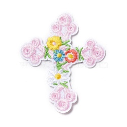 Computerized Embroidery Cloth Iron on/Sew on Patches, Costume Accessories, Cross with Flower, Pink, 66x55.5x1.5mm(DIY-H100-06)