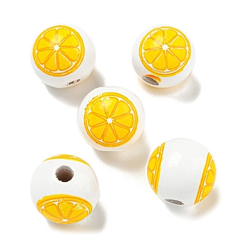 Printed Wood European Beads, Round with Lemon Pattern, Gold, 15.5~16mm, Hole: 4~4.5mm