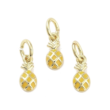 Rack Plating Brass Enamel Charms, with Jump Ring, Long-Lasting Plated, Cadmium Free & Lead Free, Pineapple Charm, Real 18K Gold Plated, Gold, 8.5x4x2mm, Hole: 3mm