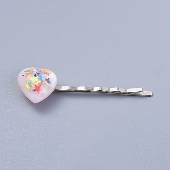 Iron Hair Bobby Pins, with Resin Cabochons and Paillette, Heart, Platinum, 55mm