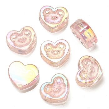 UV Plating Rainbow Iridescent Acrylic Beads, with Glitter Powder, Heart with Bear Pattern, Pink, 17.5x20x9mm, Hole: 3.5mm