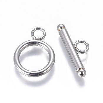 304 Stainless Steel Toggle Clasps, Ring, Stainless Steel Color, 18.5x13.5x2mm, Hole: 3mm, Inner Diameter: 9.5mm, Bar: 21x8x3mm, Hole: 3mm