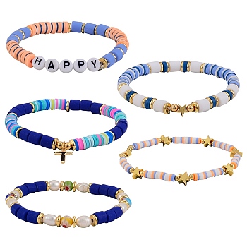 5Pcs 5 Style Handmade Polymer Clay Beads Stretch Bracelets Sets, with Brass Beads and Acrylic Enamel Beads, HAPPY, Mixed Color, Inner Diameter: 2-1/8~2-1/8 inch(5.3~5.5cm), 1pc/style