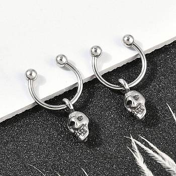 Skull 316 Surgical Stainless Steel Dangle Half Hoop Earrings for Women, Antique Silver, 22x4.5mm