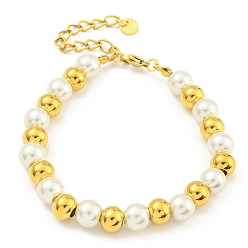 304 Stainless Steel & 201 Stainless Steel & Plastic Pearl Round Beaded Bracelets for Women, Golden, 7-3/8 inch(18.6cm)