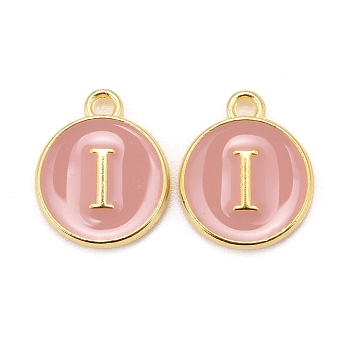 Golden Plated Alloy Enamel Charms, Cadmium Free & Lead Free, Enamelled Sequins, Flat Round with Letter, Pink, Letter.I, 14x12x2mm, Hole: 1.5mm