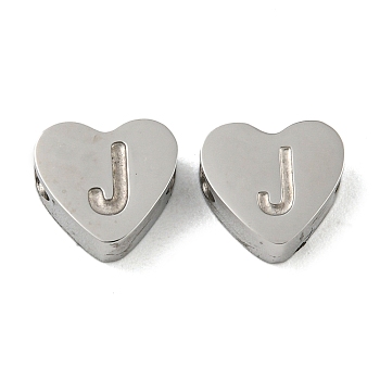 Tarnish Resistant 304 Stainless Steel Beads, Heart with Letter, Stainless Steel Color, Letter J, 7x8x3mm, Hole: 2mm